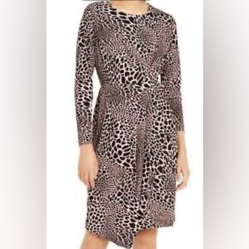 Animal Print Faux Wrap Dress | Stretch Long Sleeve | Alfani | Pink Black Small
